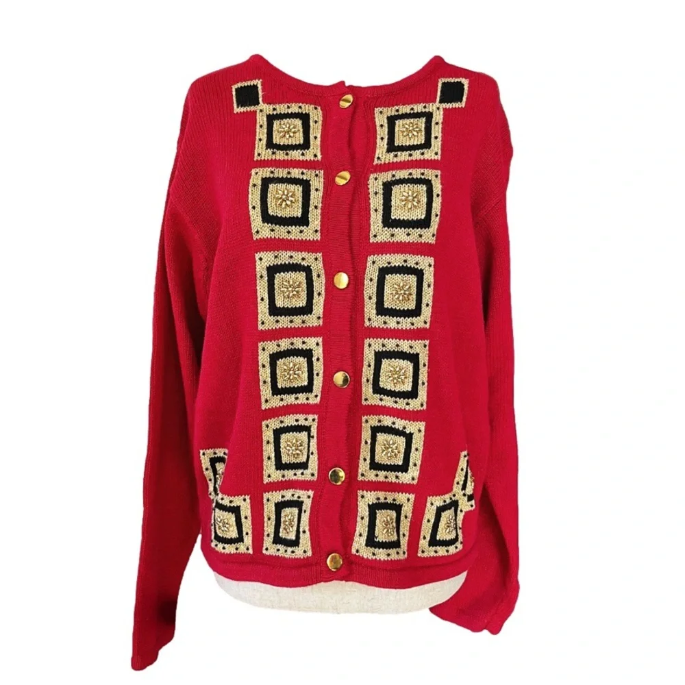Vintage 90s Red, Black and Gold Geometric Lise J Holiday Style Cardigan Medium - Picture 1 of 6